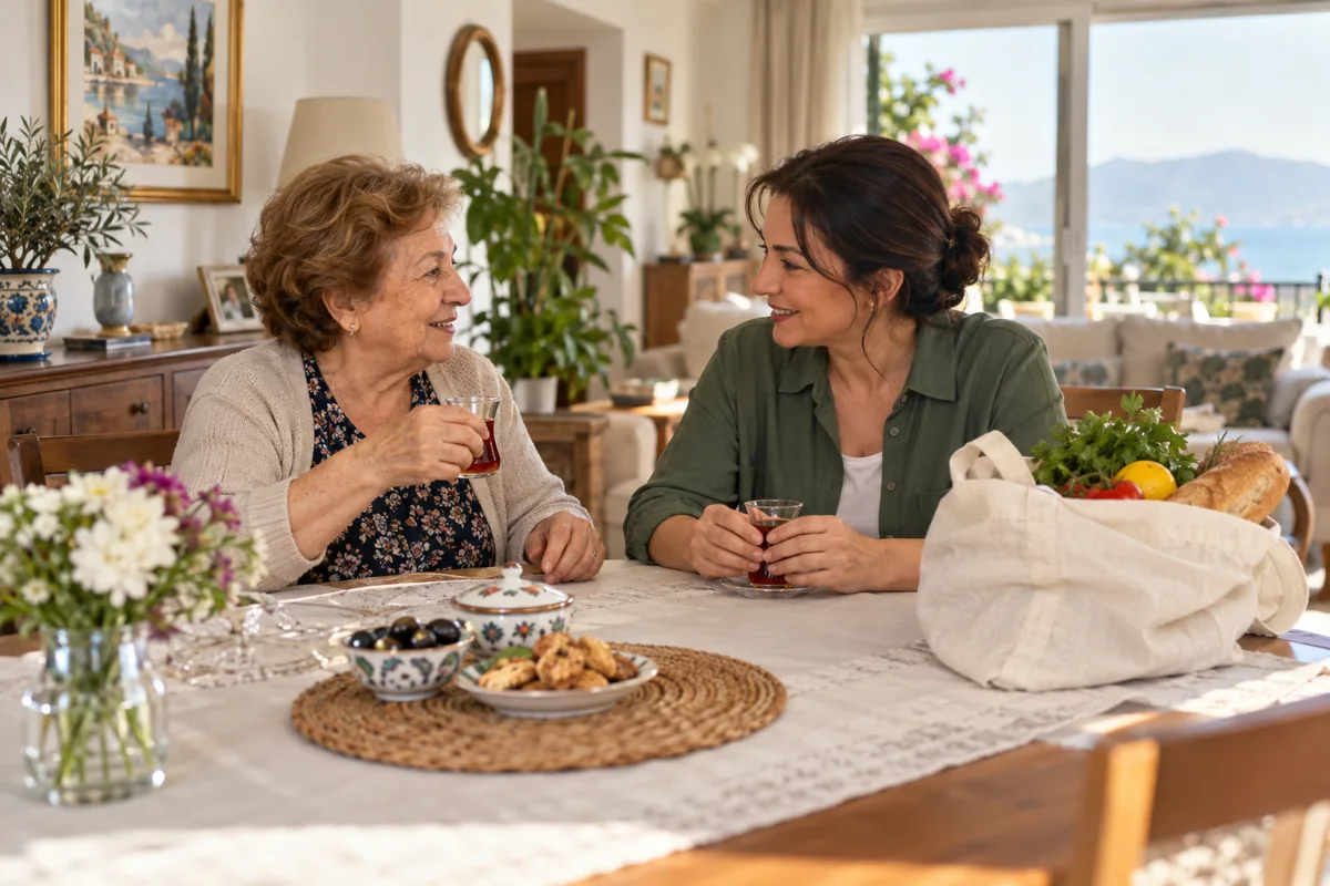 Ev ortamında çay içip sohbet eden yaşlı bir kadın ve yardımcısı; temsili görsel